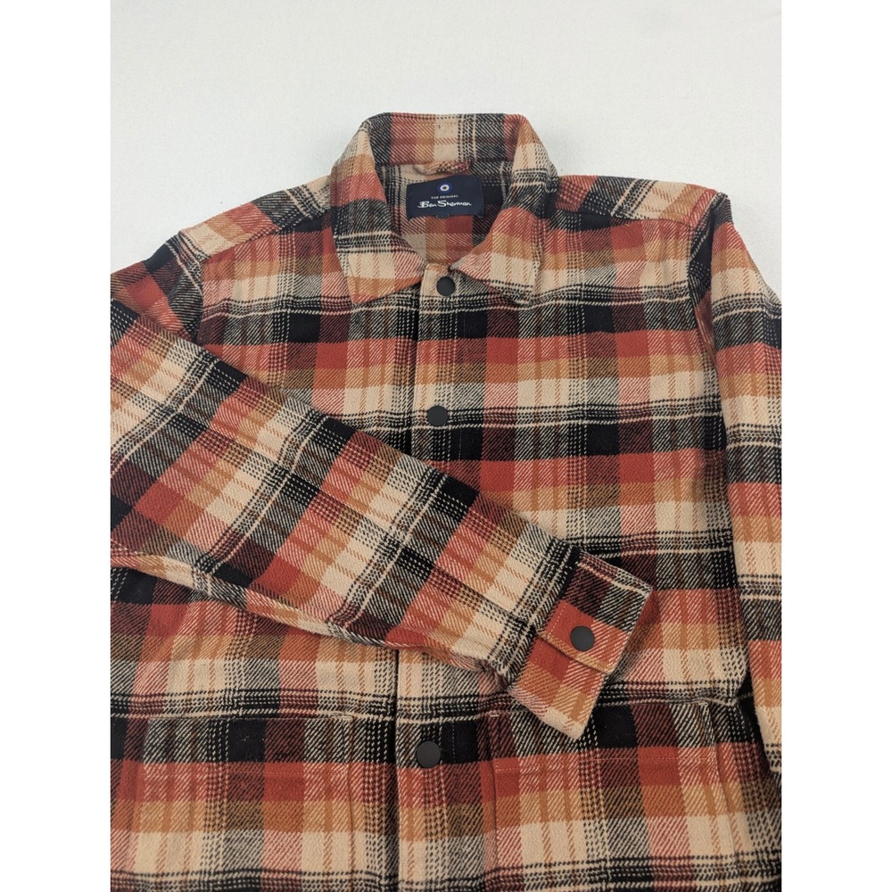 Ben Sherman Mens Plaid Cotton Button Down Shirt Orange Brown Long Sleeve Large - Picture 3 of 13